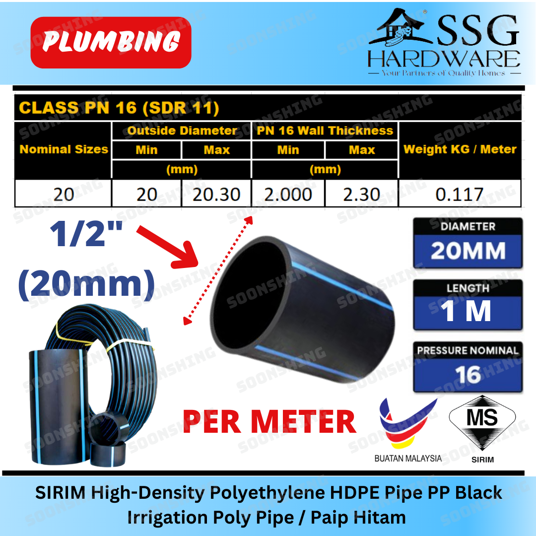 SIRIM 20mm 25mm 32mm HDPE Poly PP Polyethylene Black Poly Pipe Poli