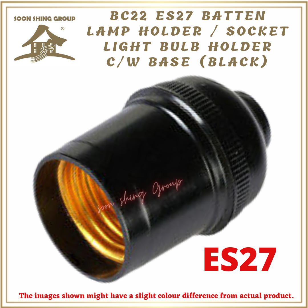 BC22 ES27 Batten Lamp Holder / Socket Light Bulb Holder c/w Base (Black